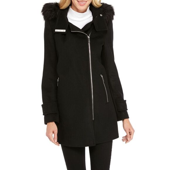 New! CALVIN KLEIN Wool-Blend Hooded Faux Fur Black Coat Jacket XL Zip-Front - Picture 8 of 12